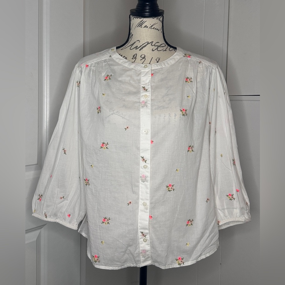 Old Navy White Blouse with Pink Floral Embroidery
